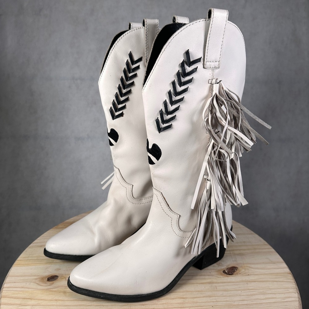 Dingo Cowboy Boots Women 8.5M White Good Leather Fringe Tassel DI 121